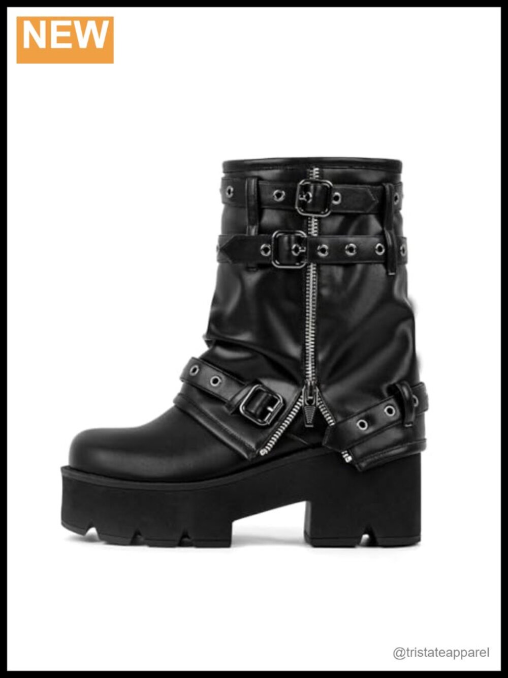 Punk Block Heel Platform Ankle Boots Straps Buckles Grommet Zipper Faux Leather
